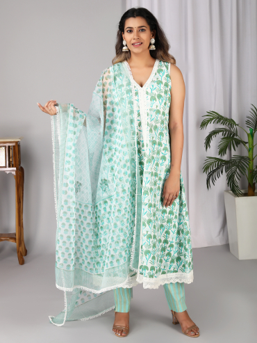 Off-White Green Hand Block Printed V-Neck, Sleeve Less Kurta, Pant & Dupatta Set of 3