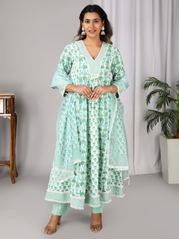 Off white Green Hand Block Printed V-Neck, Yoke Front Gather Kurta, Pant & Dupatta Set of 3