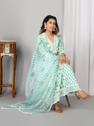 Off-White Green Hand Block printed Organza Dupatta with Lace Details