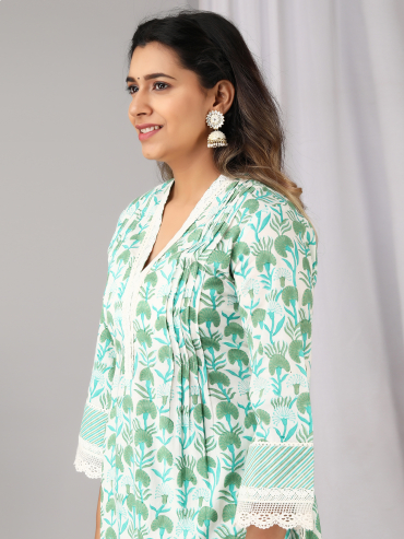 Off-White Green Hand Block Printed V-Neck Kurta