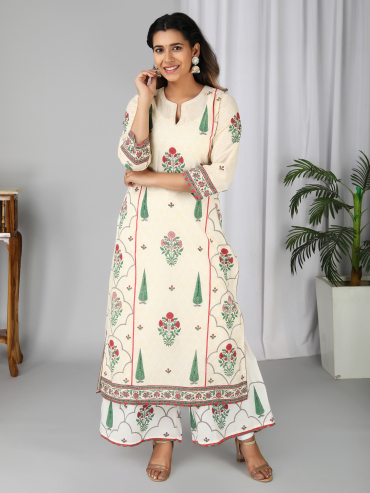 Off-White Red Hand Block Printed Round Neck Kurta