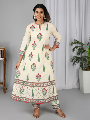 Off-White Red Hand Block Printed Cotton Anarkali Kurta