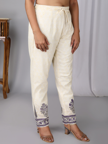 Off-White Purple Hand Block Printed Cotton Pant