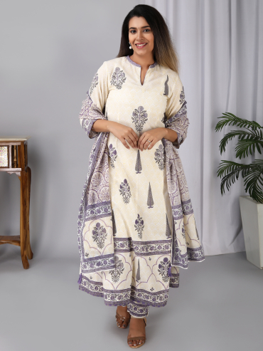 Off-White Purple Hand Block Printed Cotton Dupatta