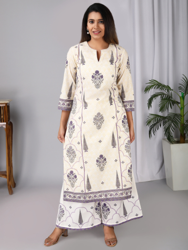 Off-White Purple Hand Block Printed Round Neck Kurta