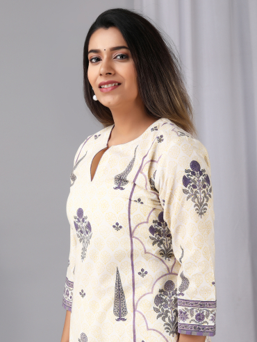 Off-White Purple Hand Block Printed Round Neck Kurta