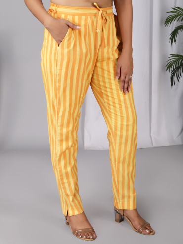 Yellow Hand Block Printed Tie-Up Waist & Back Elasticated Pant