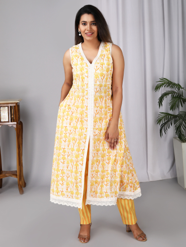 Off-White Yellow Hand Block Printed V-Neck, Sleeve Less Kurta