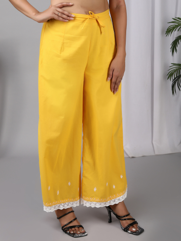 Yellow Cotton Palazzo with Aari Embroidery, Lace & Tie-up waist Elasticated