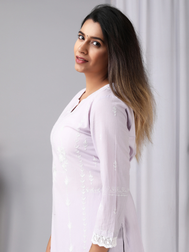 Purple Aari Embroidery Round Neck Cotton kurta