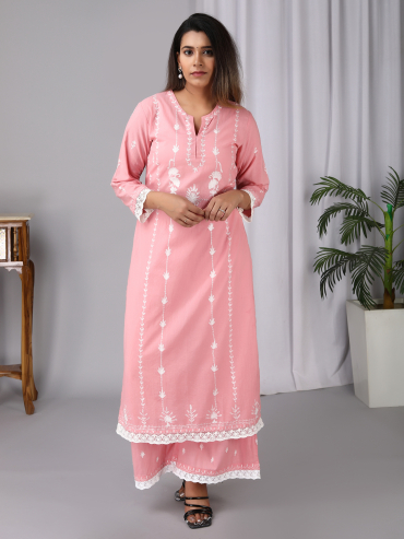 Pink Aari Embroidery Round Neck Cotton kurta , Palazzo & Dupatta Set of 3