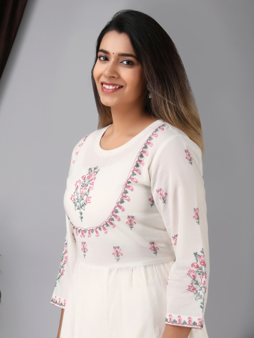 Cotton Anarkali kurta with pink aari embroidery