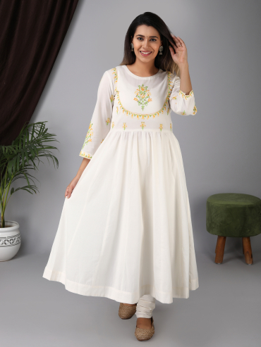 Cotton Anarkali kurta with Yellow aari embroidery