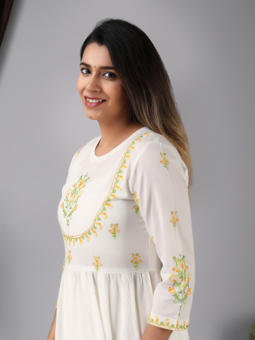 Cotton Anarkali kurta with Yellow aari embroidery