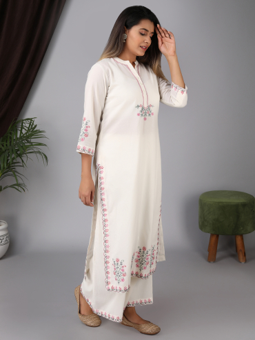 Chinese Collar front placket pink Aari embroidery cotton kurta