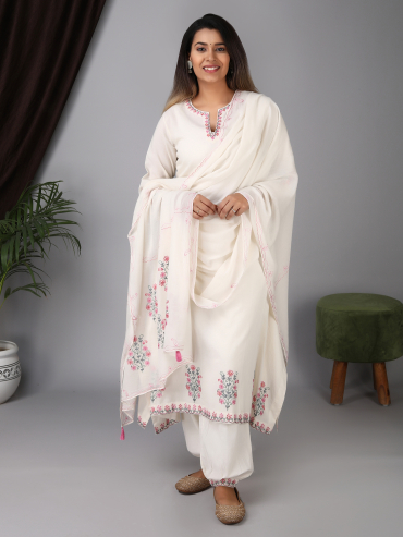 Round Neck front Slit Asymmetric Cotton Kurta with Pink Aari Embroidery, Pant & Dupatta Set of 3