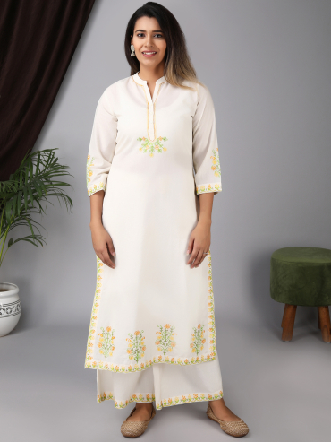 Chinese Collar front placket Yellow Aari embroidery cotton kurta