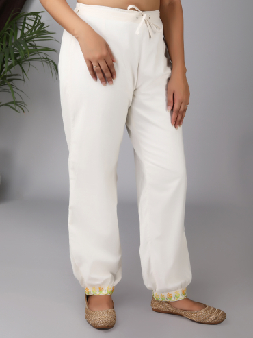 Tie-up Waist Elasticated Pant with Yellow Aari Embroidery