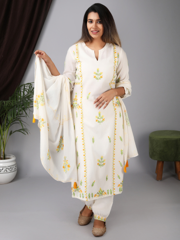 Round Neck Yellow Aari Embroidery Cotton Kurta, Pant & Dupatta Set of 3