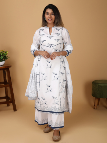 White Blue Printed Cotton Kurta with Front Slit and Collar, Palazzo & Dupatta Set of 3