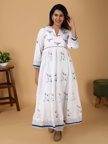 White Blue Printed Cotton Anarkali Kurta, Pant & Dupatta Set of 3