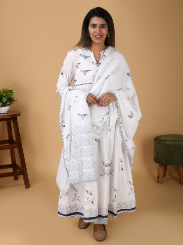 White Blue Printed Cotton Anarkali Kurta, Pant & Dupatta Set of 3