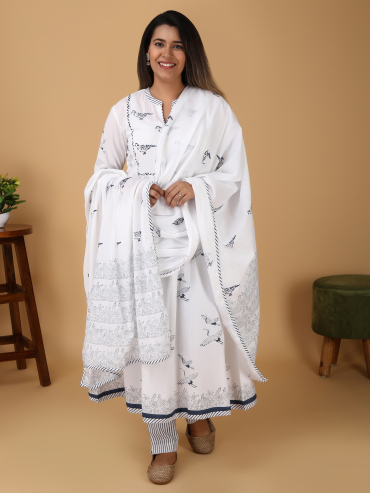 White Blue Printed Cotton front Yoke Kuta, Pant & Dupatta Set of 3