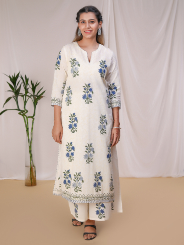 Blue Hand Block Printed Cotton Round Neck Kurta