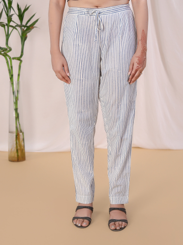 Hand Block Printed Cotton Stripe Printed Slim Pant