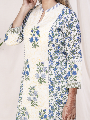 Blue Hand block Cotton Printed Kurta with chinese collar