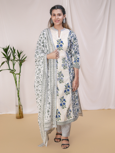 Blue Hand Block Cotton Printed Kurta, Pant & Dupatta Set of 3