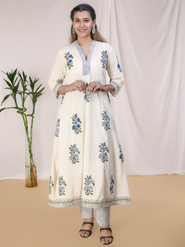 Blue Hand Block Printed Cotton Anarkali Kurta