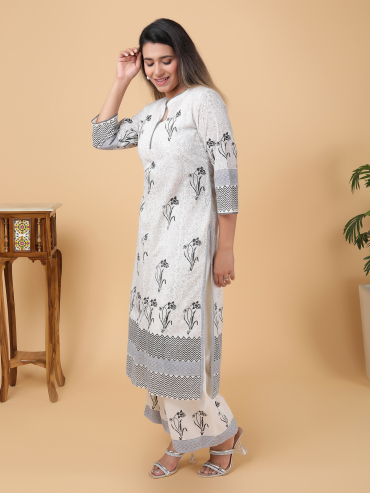 Black-Grey Hand Block Printed Round Neck, Front Slit Cotton Kurta