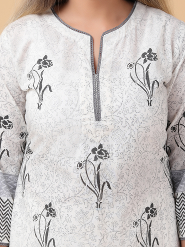 Black-Grey Hand Block Printed Round Neck, Front Slit Cotton Kurta