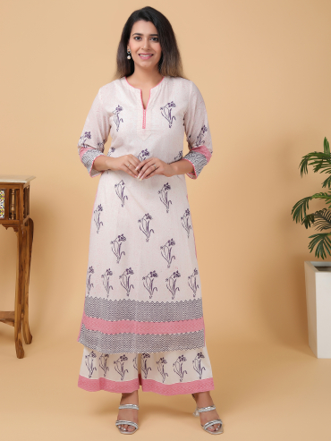 Purple-Pink Hand Block Printed Round Neck, Front Slit Cotton Kurta