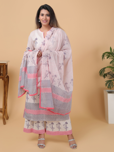 Purple-Pink Hand Block Printed Cotton Dupatta