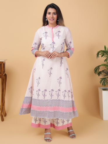 Pink-Purple Hand Block Printed Collar Placket Cotton Kurta