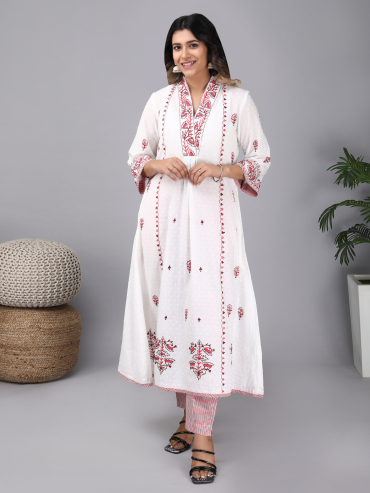 V-Neck Off-White Red Cotton Dobby Kurta