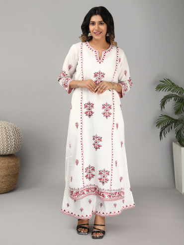 Off-White Cotton Dobby Kurta with Round Neck & Red Aari Embroidery