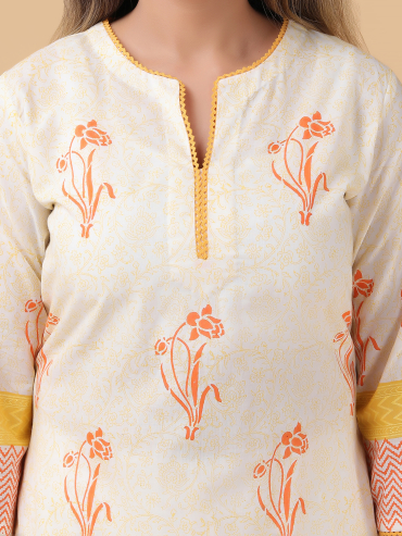 Orange-Yellow Hand Block Printed Round Neck, Front Slit Cotton Kurta