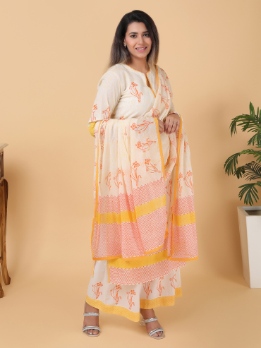 Orange-Yellow Hand Block Printed Cotton Dupatta