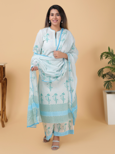 Sky-Blue Hand Block Printed Cotton Dupatta