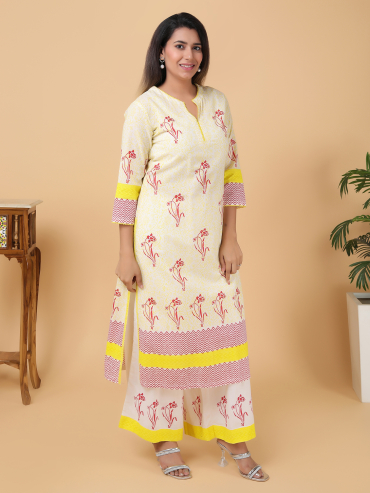 Red-Yellow Hand Block Printed Round Neck, Front Slit Cotton Kurta