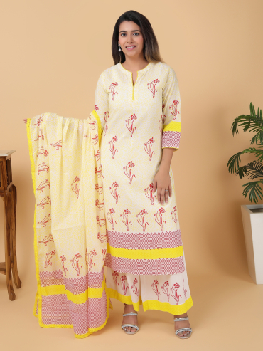 Red-Yellow Hand Block Printed Cotton Dupatta