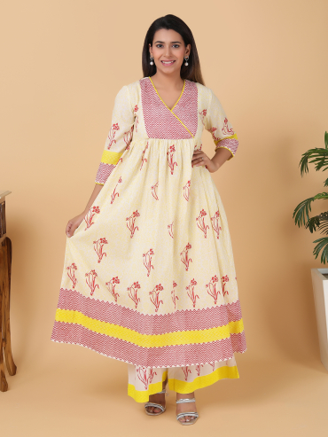 Red-Yellow Hand Block Printed Yoke Cotton Kurta