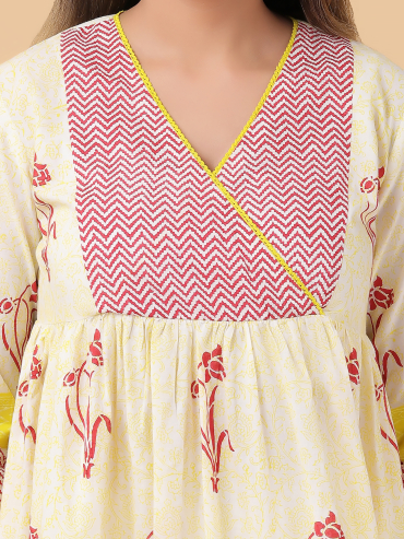 Red-Yellow Hand Block Printed Yoke Cotton Kurta