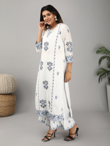 Off-White Cotton Dobby Palazzo with Blue Aari Embroidery