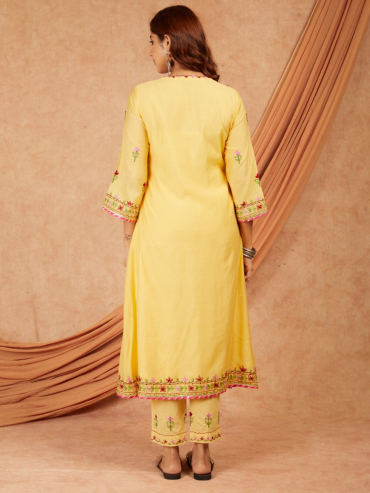 Yellow Chanderi Aari Embroidery Kurta with pants- set of 2