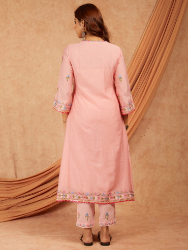 Pink Chanderi Aari Embroidery Dupatta