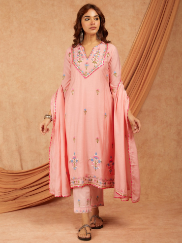 Pink Chanderi Aari Embroidery Dupatta